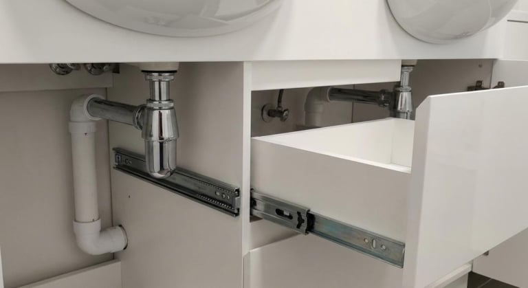 Meuble double vasque : comment adapter évacuation pour éviter un tiroir bloqué ?
