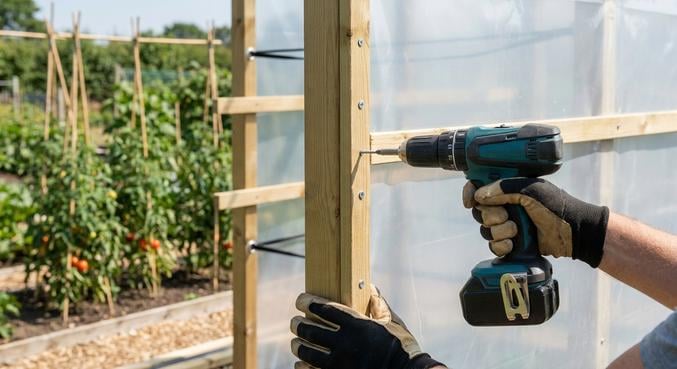 construire serre bois tomates fixer bache resistante vent