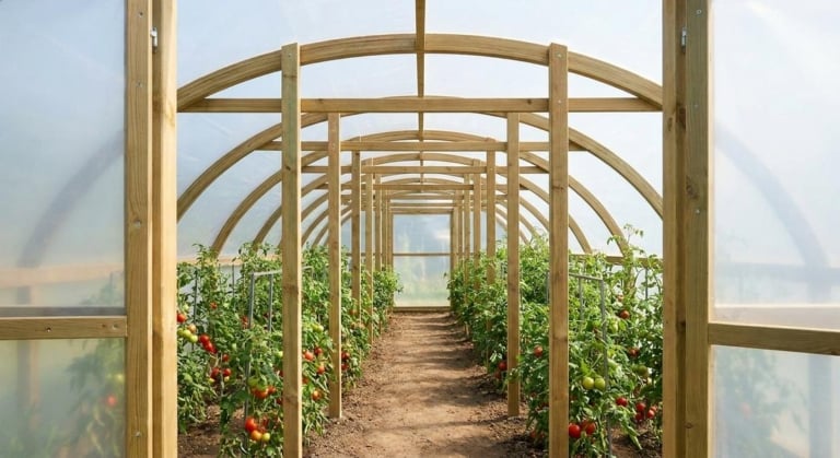 construire serre bois tomates fixer bache resistante vent